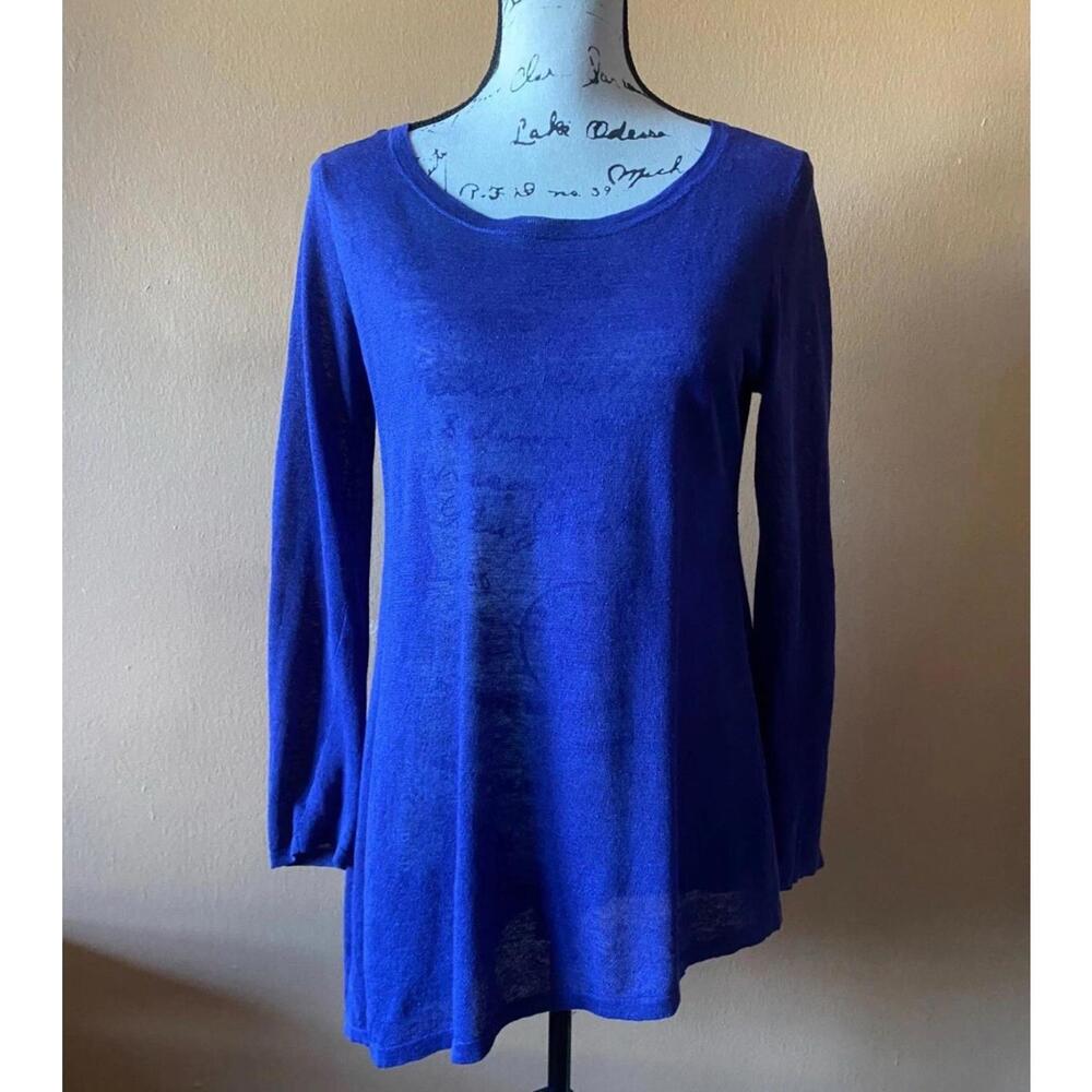 Eileen Fisher Blue Organic Linen Blend Asymmetrical Knit Sweater Size S